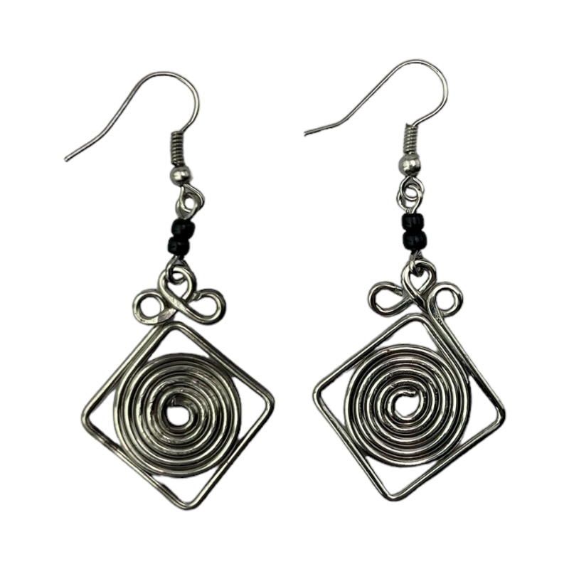 Silver Wire Maasai Bead Square Spiral Earrings