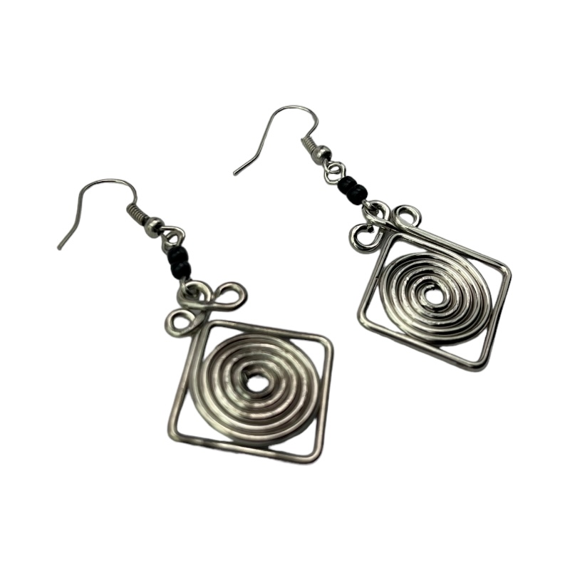 Silver Wire Maasai Bead Square Spiral Earrings