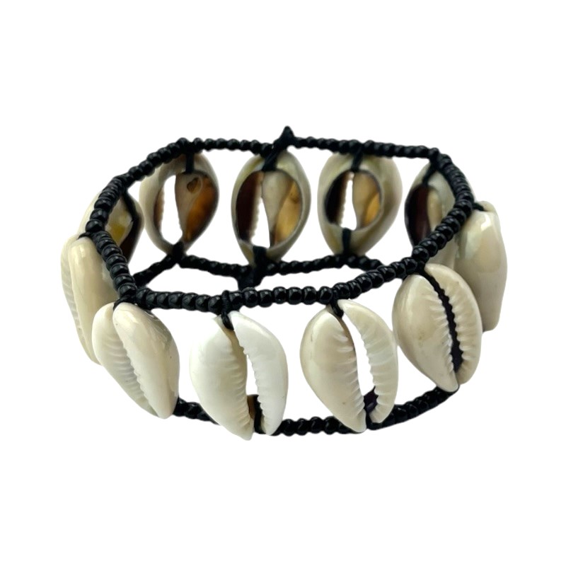 Maasai Cowrie Shells Elastic Bracelet (Black/ White)