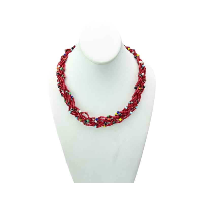 Red Maasai Krobo Tread Bead Braid Choker Necklace