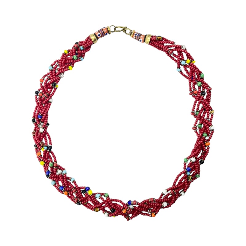 Red Maasai Krobo Tread Bead Braid Choker Necklace