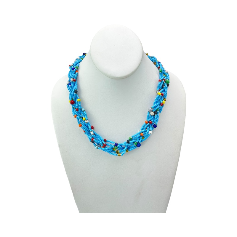 Blue Maasai Krobo Tread Bead Braid Choker Necklace