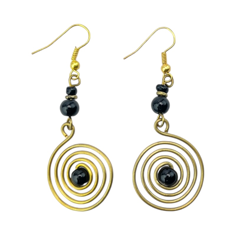 Brass Wire Color Bead Swirl Earrings Black