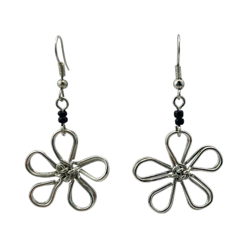 Silver Wire Maasai Bead Flower Earrings