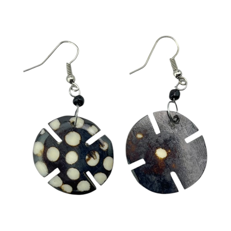 Round Notched Polka Dot Batik Bone earrings