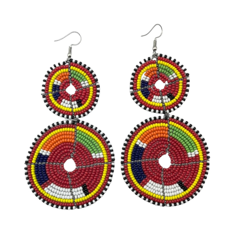 Tiered Red Multi Color Maasai Beaded Earrings MM-618