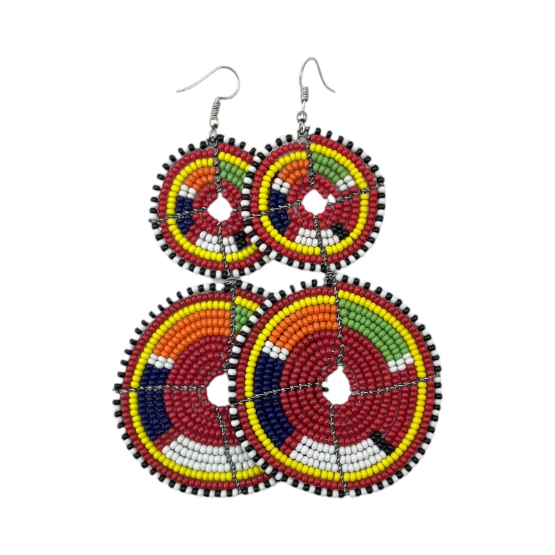 Tiered Red Multi Color Maasai Beaded Earrings MM-618