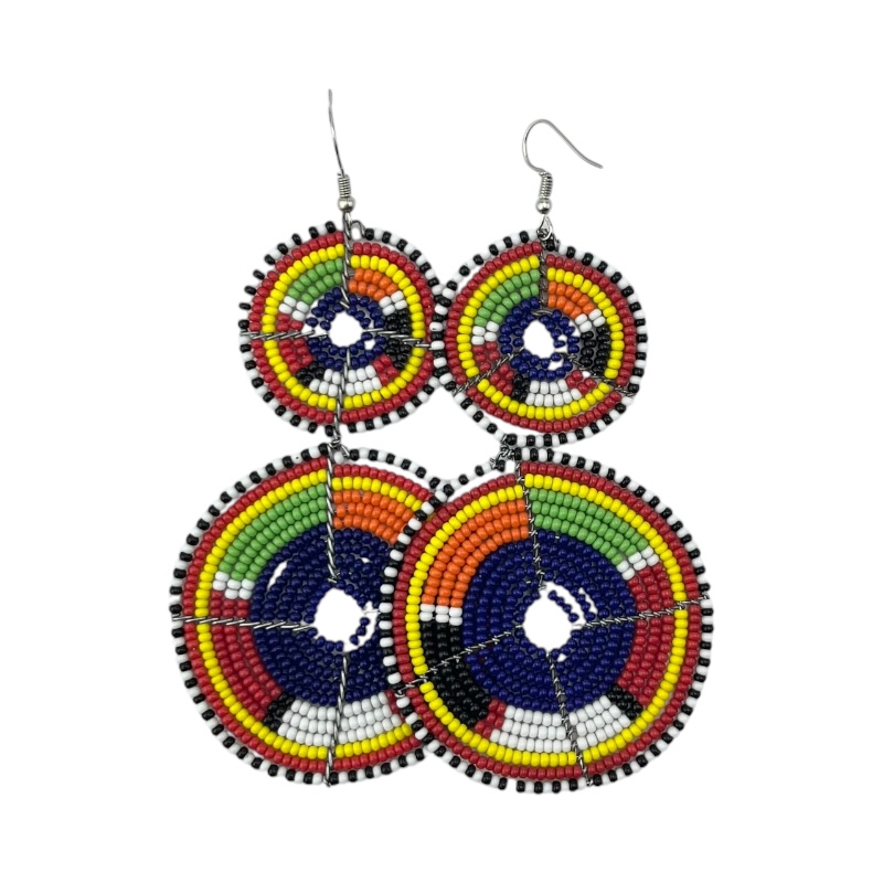 Tiered Dark Blue Multi Color Maasai Beaded Earrings MM-620 