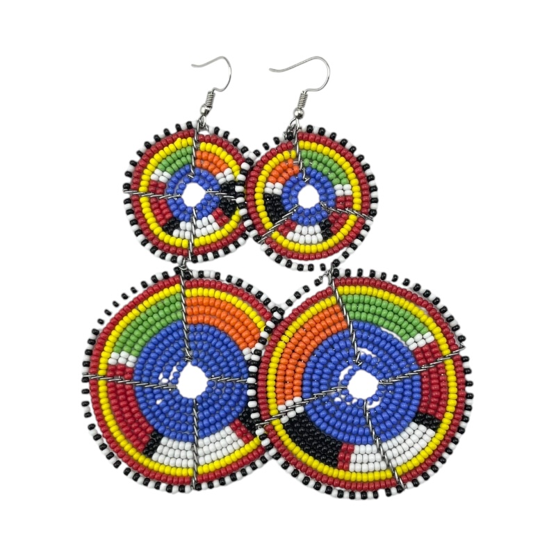 Tiered Blue Multi Color Maasai Beaded Earrings MM-617