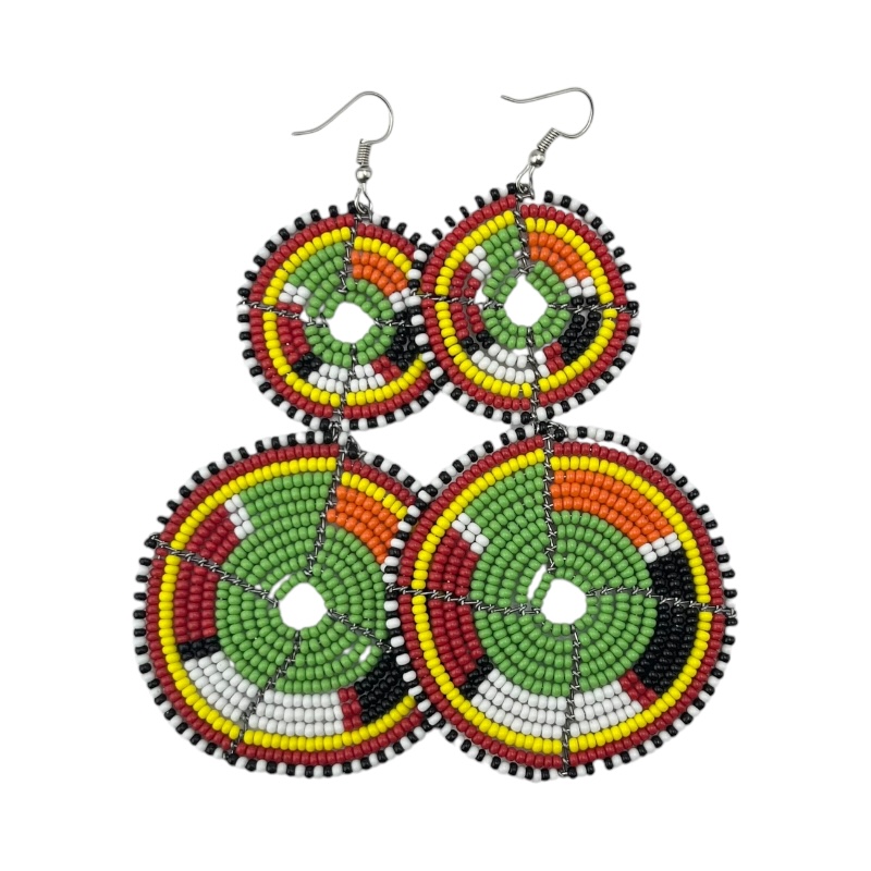 Tiered Green Multi Color Maasai Beaded Earrings MM-623 