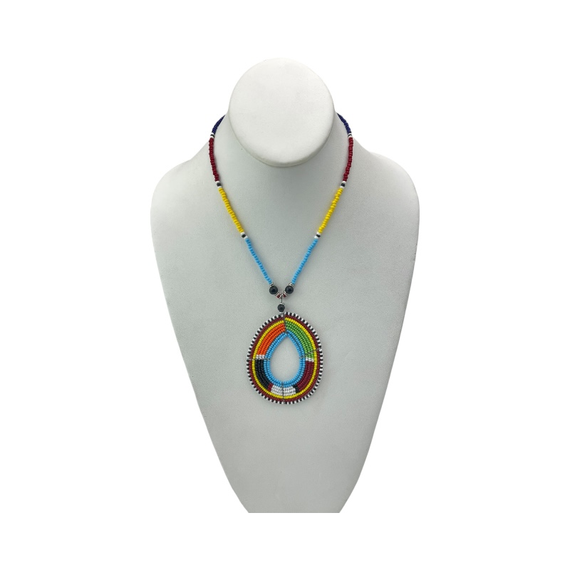 Maasai Multi Color Bead Tear Drop Pendant Necklace