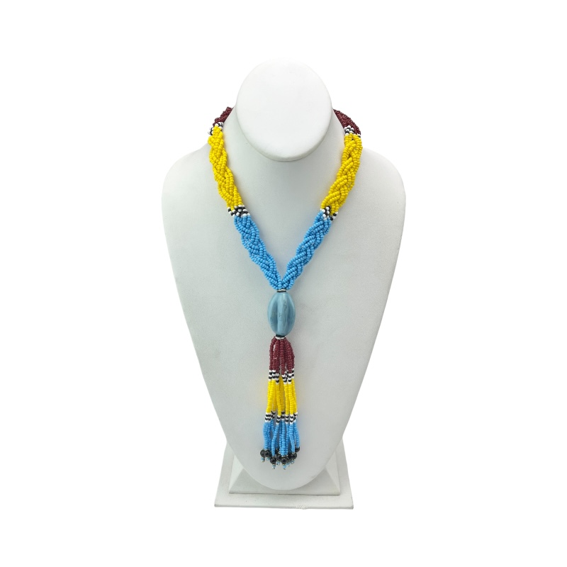 Multi Color Braided Maasai Bead Tassel Necklace