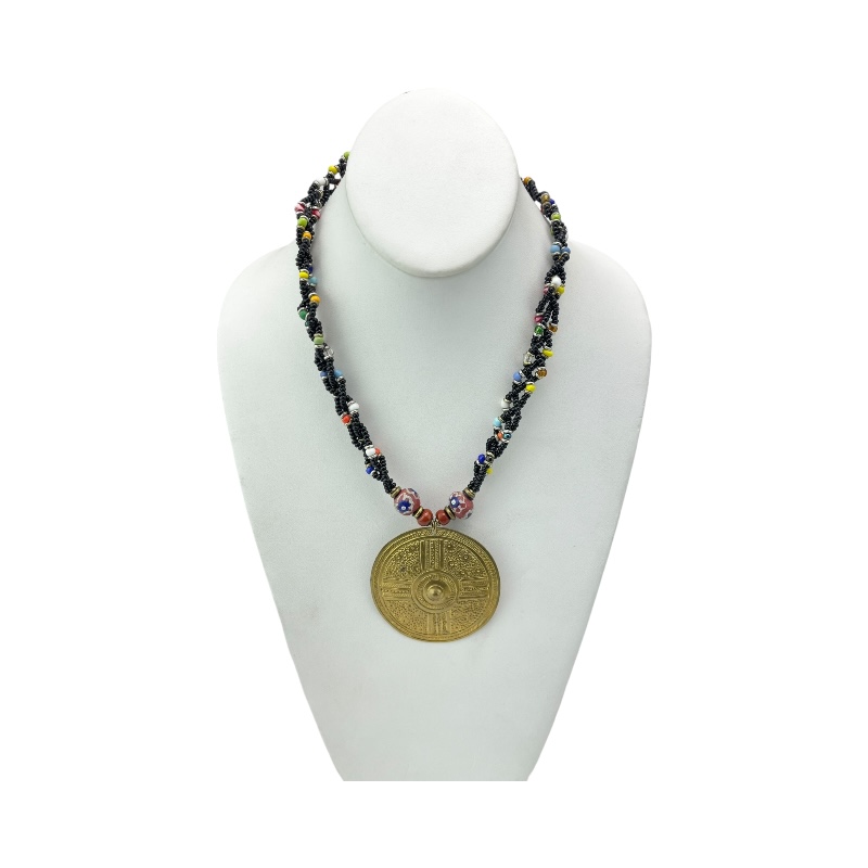 Multi Color Braided Maasai Brass Pendant Necklace