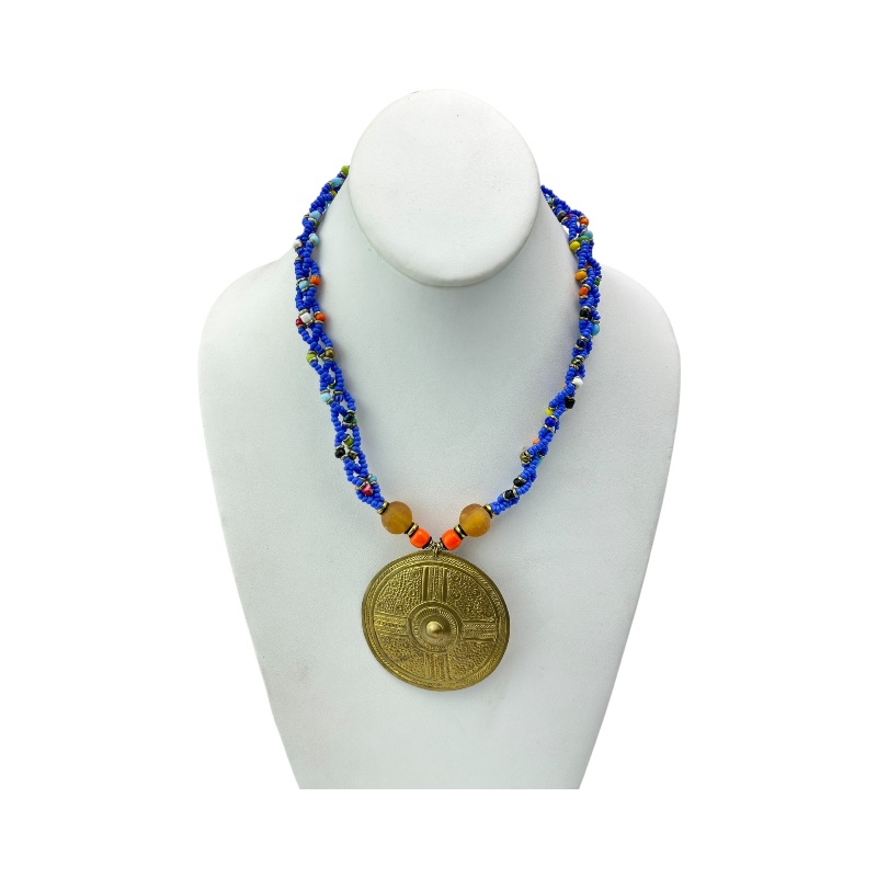 Multi Color Braided Maasai Brass Pendant Necklace