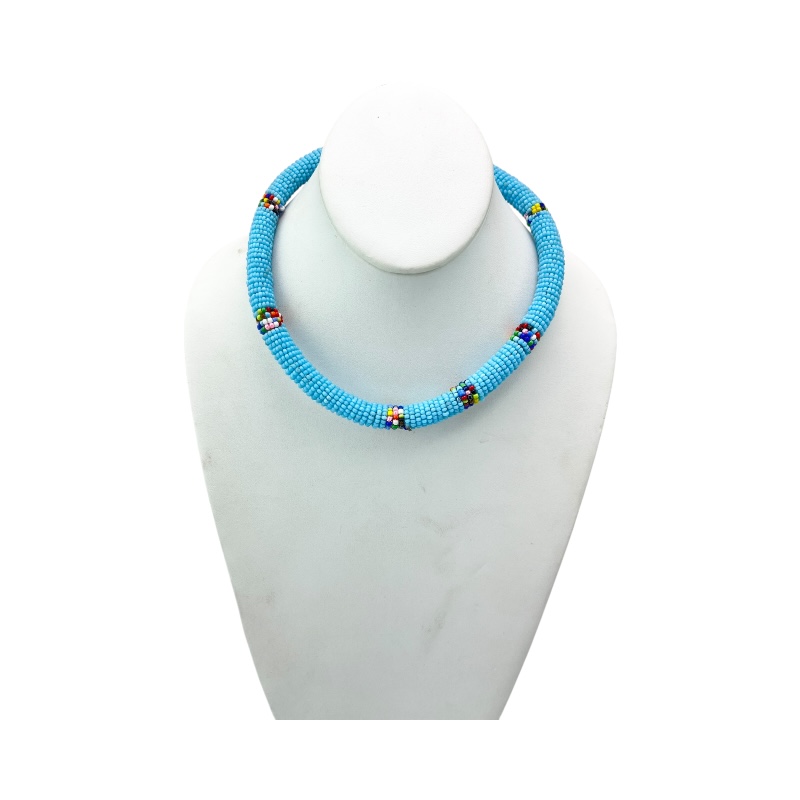 Maasai Dark Blue with Multi Color Bead Necklace